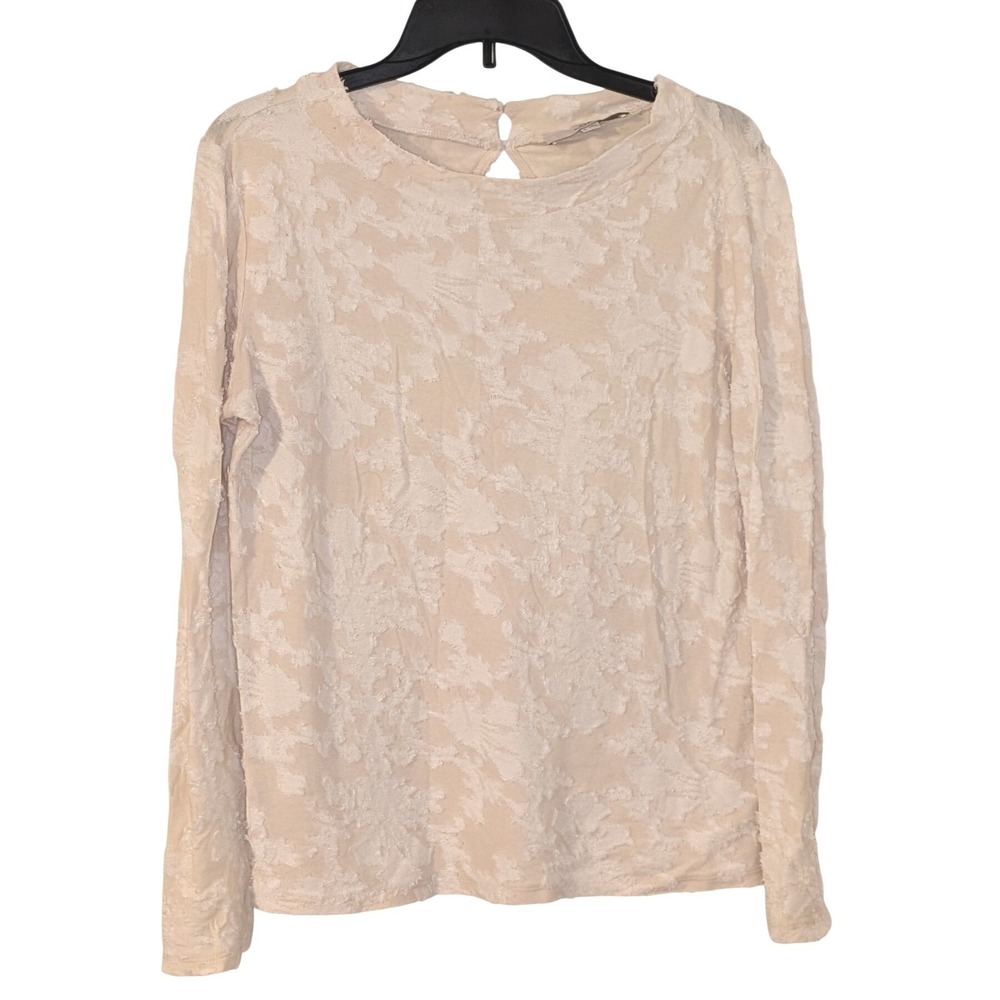 LOFT Womens Cream Textured Floral Long Sleeve Keyhole Back Cotton Top Size M